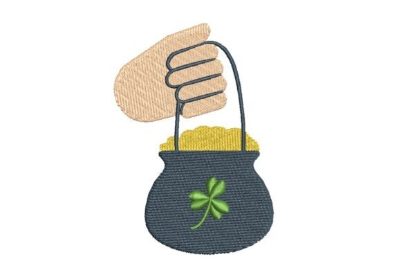 Hand Holding Pot of Gold with Shamrock Embroidery Design